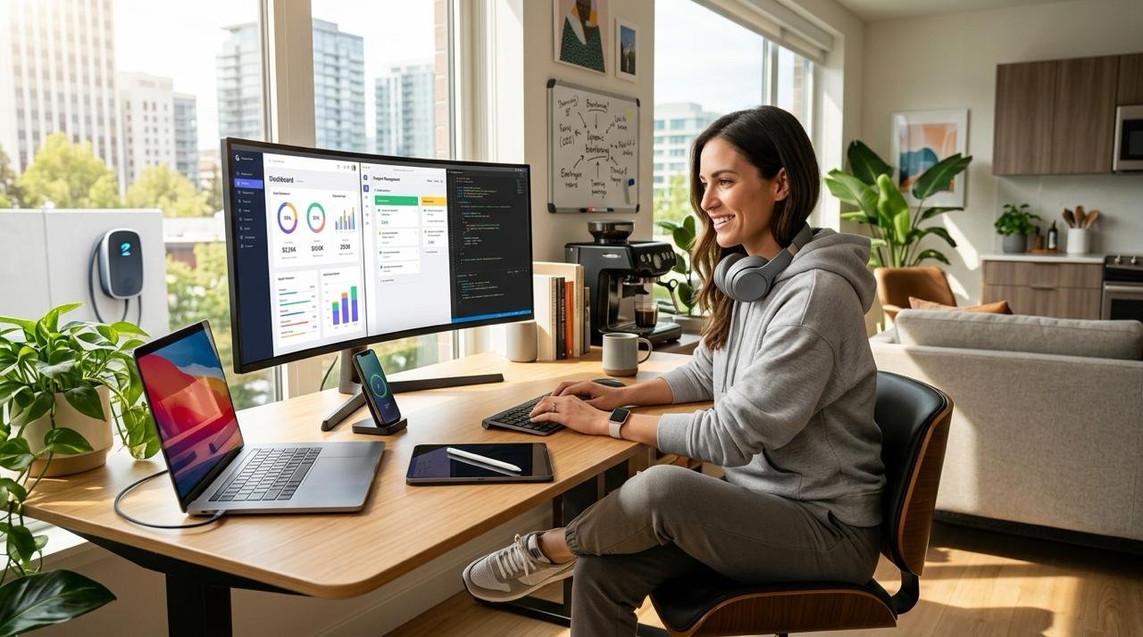 Analyst reviewing data on a curved monitor