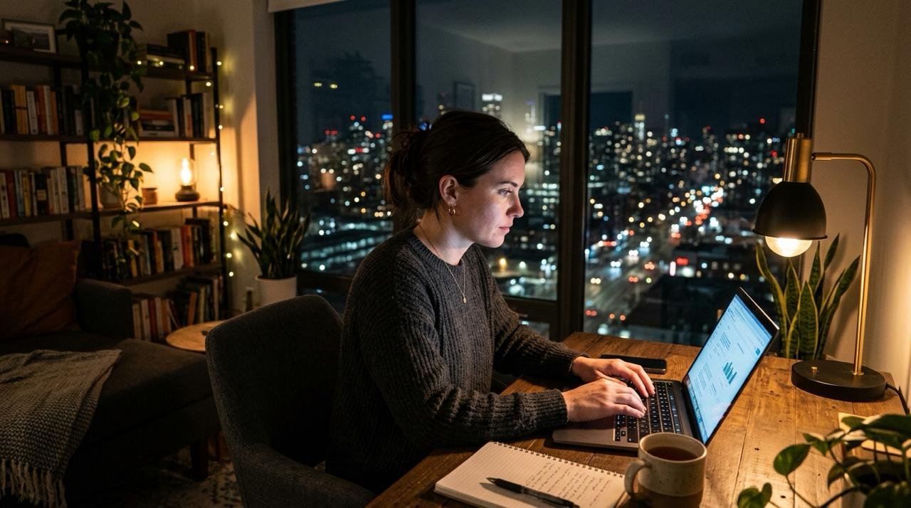 Professional working with laptop at night